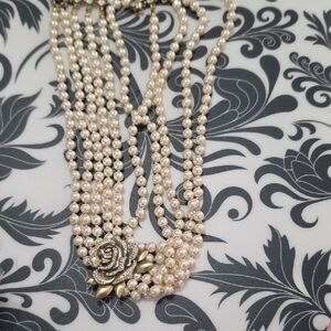 Tea Rose Multi-Strand Pearl Necklace with Gold Rose Accent